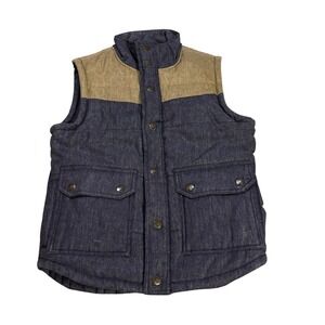 Kane & Unke Mens Navy Blue Linen Blend Puffer Vest Tan Yoke Plaid Lining Size S